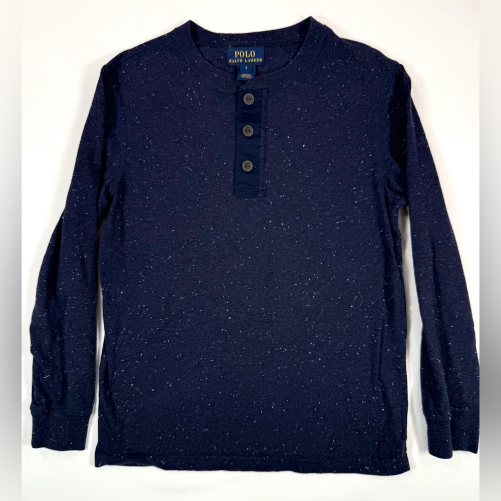 POLO RALPH LAUREN Boys’ Navy Blue Speckled Long Sleeve Henley Shirt Size 7